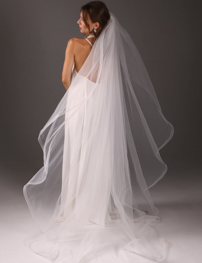 Chapel Wedding Veil 95 Inch One Tier Cascade Horsehair Edge 1 Inch Long Bridal Veil Soft Tulle Elegant Modern Veil