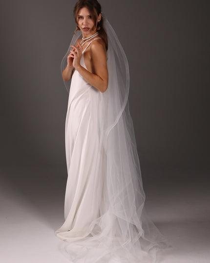 Chapel Wedding Veil 95 Inch One Tier Cascade Horsehair Edge 1 Inch Long Bridal Veil Soft Tulle Elegant Modern Veil