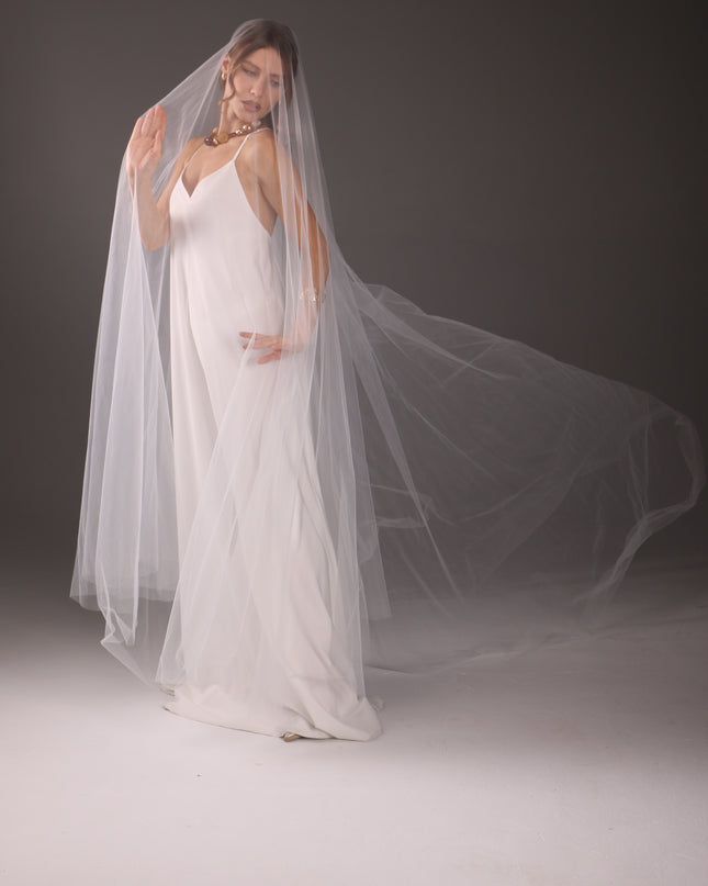 Cathedral Veil with Blusher, Two Tier – Minimalist Raw Cut Wedding Veil