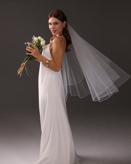 Two Tier Fingertip Bridal Veil with Pencil Edge, Short Wedding Veil, Blusher Veil, Minimalist Tulle Veil, Modern Bride Veil