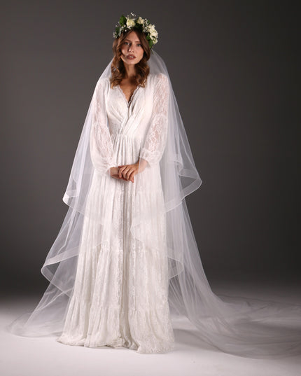 Two Tier Cathedral Bridal Veil with Horsehair Trim, Tulle Wedding Veil, Blusher Veil, Modern Bridal Veil, Elegant Long Veil