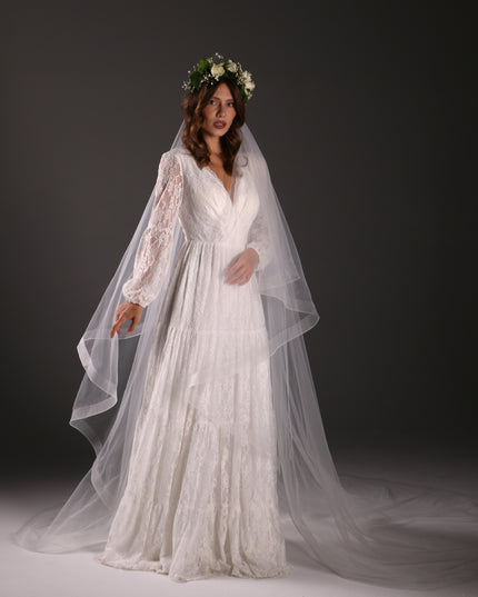 Two Tier Cathedral Bridal Veil with Horsehair Trim, Tulle Wedding Veil, Blusher Veil, Modern Bridal Veil, Elegant Long Veil