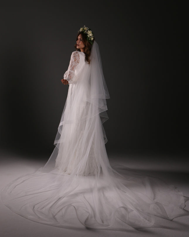 Two Tier Cathedral Bridal Veil with Horsehair Trim, Tulle Wedding Veil, Blusher Veil, Modern Bridal Veil, Elegant Long Veil