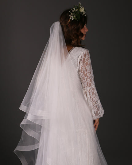 Two Tier Cathedral Bridal Veil with Horsehair Trim, Tulle Wedding Veil, Blusher Veil, Modern Bridal Veil, Elegant Long Veil