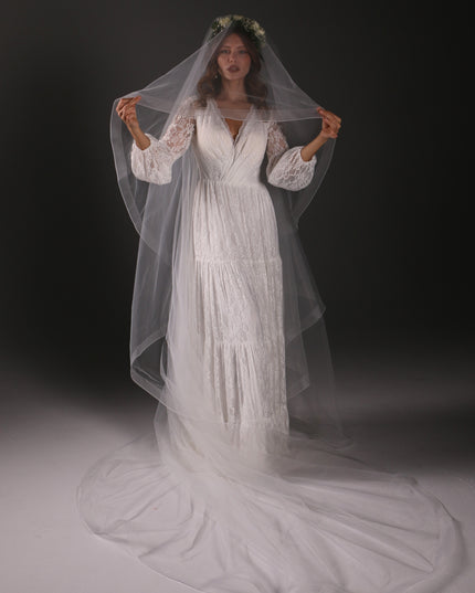Two Tier Cathedral Bridal Veil with Horsehair Trim, Tulle Wedding Veil, Blusher Veil, Modern Bridal Veil, Elegant Long Veil