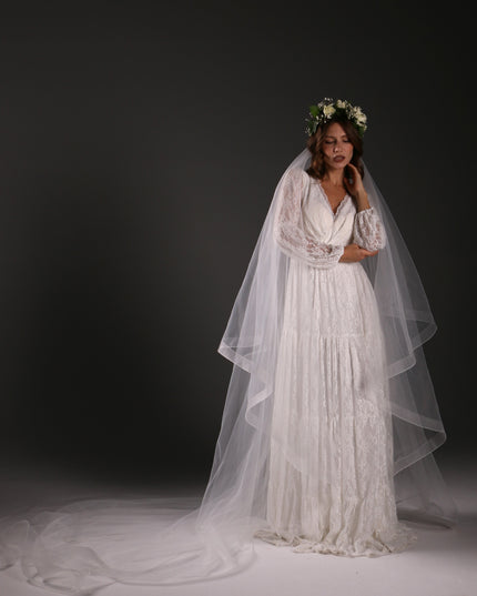 Two Tier Cathedral Bridal Veil with Horsehair Trim, Tulle Wedding Veil, Blusher Veil, Modern Bridal Veil, Elegant Long Veil