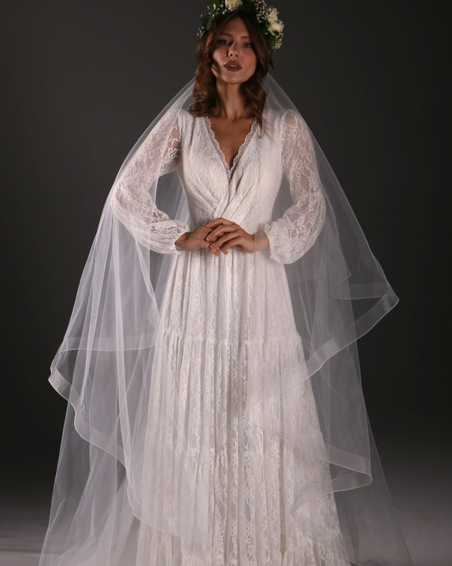 Two Tier Cathedral Bridal Veil with Horsehair Trim, Tulle Wedding Veil, Blusher Veil, Modern Bridal Veil, Elegant Long Veil
