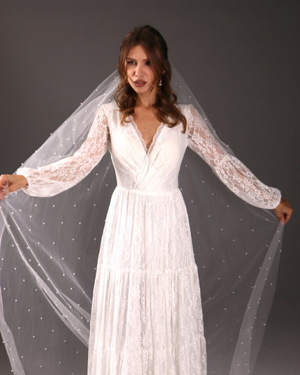 Single Tier Pearl Bridal Veil – Soft Tulle Wedding Veil with Pearls
