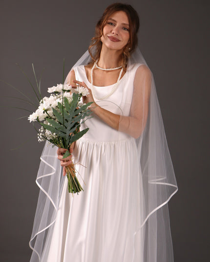 Two-Tier Satin Ribbon Wedding Veil: Italian Tulle Drop Veil