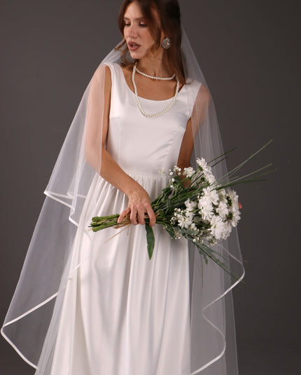 Two-Tier Satin Ribbon Wedding Veil: Italian Tulle Drop Veil