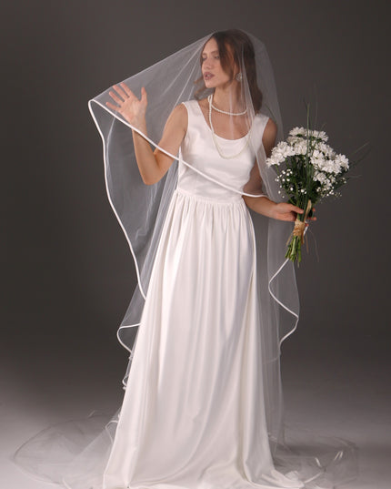 Two-Tier Satin Ribbon Wedding Veil: Italian Tulle Drop Veil
