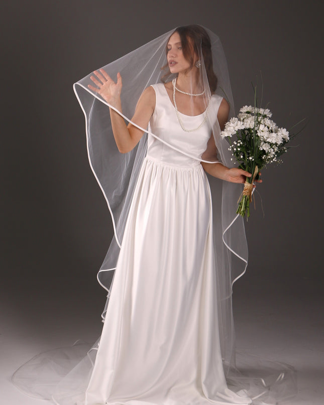 Two-Tier Satin Ribbon Wedding Veil: Italian Tulle Drop Veil