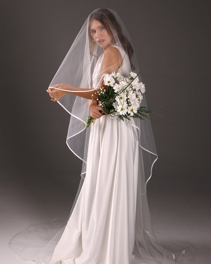 Two-Tier Satin Ribbon Wedding Veil: Italian Tulle Drop Veil