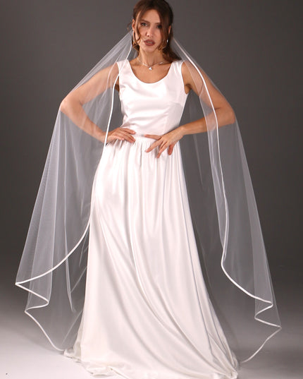 Simple Satin Ribbon Veil – One Tier Soft Tulle Wedding Veil