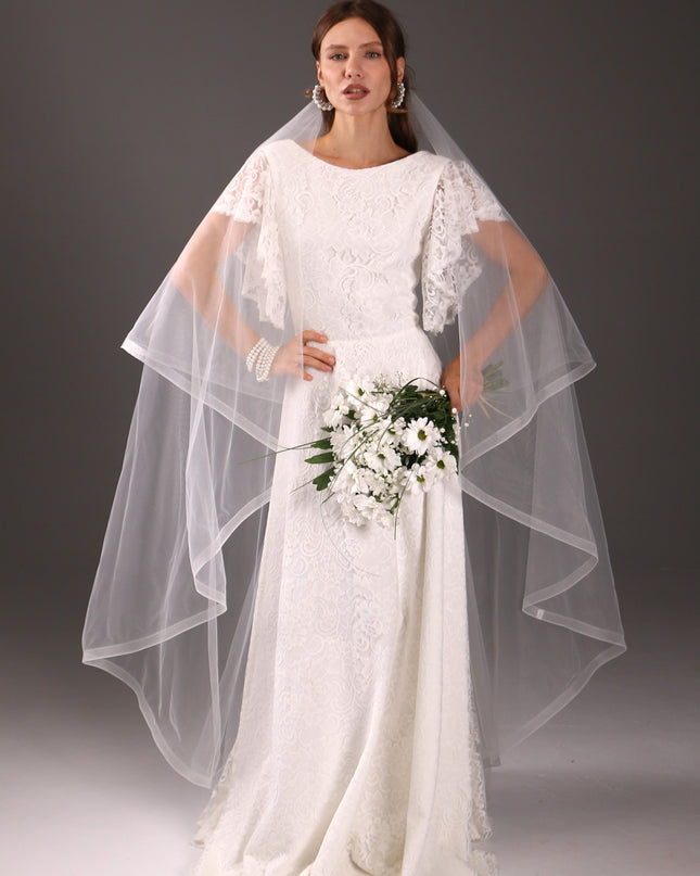 Chapel Wedding Veil Two Tier Horsehair Edge 1 Inch Bridal Veil Soft Tulle 79 Inch Cascade Veil Modern Minimalist Bride