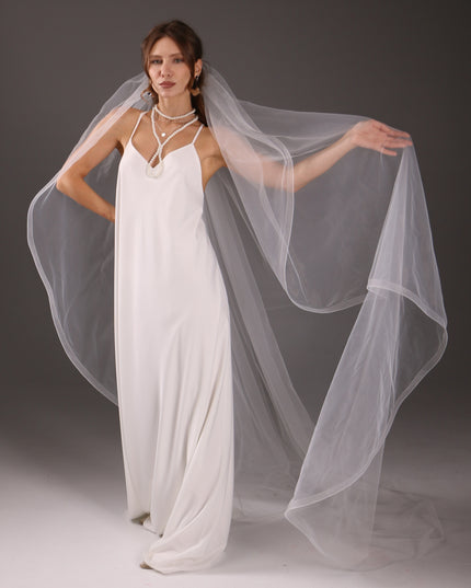 Chapel Wedding Veil 95 Inch One Tier Cascade Horsehair Edge 1 Inch Long Bridal Veil Soft Tulle Elegant Modern Veil