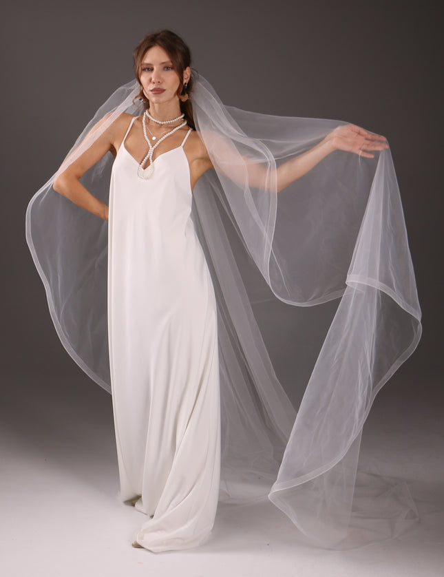 Chapel Wedding Veil 95 Inch One Tier Cascade Horsehair Edge 1 Inch Long Bridal Veil Soft Tulle Elegant Modern Veil